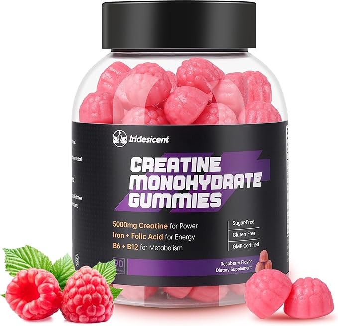 Creatine Monohydrate Gummies 5000mg w/Iron Vitamin B6 &amp B12 Sugar Free 5g Creatine Supplements for Women and Men Boost Energy &amp Muscle Recovery - 90 Raspberry Gummies