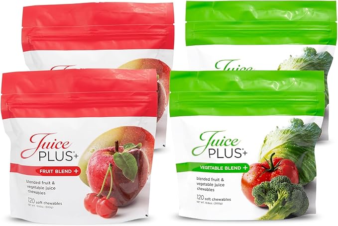 JuicePlus+ Fruit &amp Vegetable Blend Soft Chews - Tasty Vegan Fruit Veggie Gummy Vitamins for Adults &amp Kids - 4 Month Supply 4 packs (2 of each flavor)