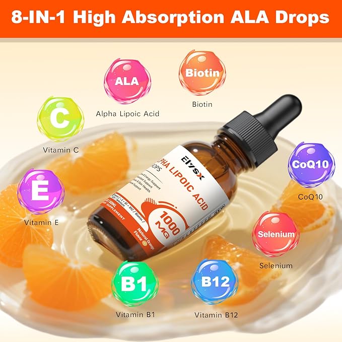 Alpha Lipoic Acid Liquid Drops 1000mg ALA Supplement for Nerve and Antioxidant Support with Biotin Natural Orange Flavor 2FL OZ