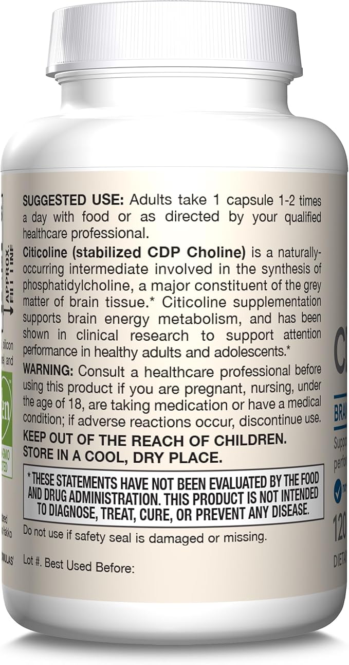 Jarrow Formulas Citicoline CDP 250 MG CDP Choline Supplements Support Brain Health Performance and Memory 120 Capsules Up to a 120 Day Supply