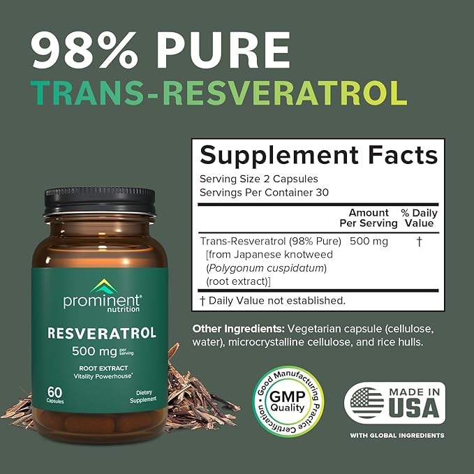 Prominent Nutrition Resveratrol Supplement Anti-Aging and Immune Support 98% Pure Trans-Resveratrol Supplement 500 mg 30 Day Supply - 2 Pack