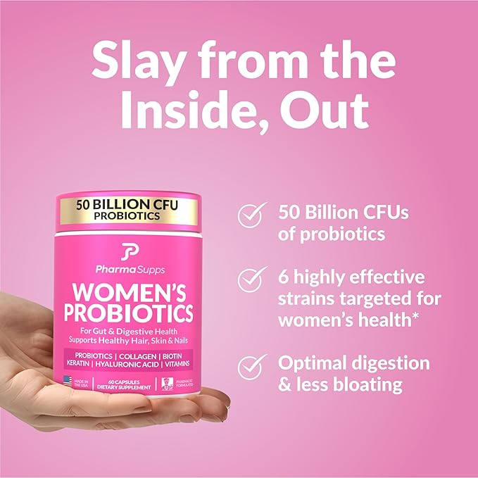 ADVANCED Women's Probiotics for Gut Health With Hair Skin &amp Nails Vitamins Support - 50 Billion CFU w/ Collagen Biotin &amp Keratin - Probiotic Supplement for Digestive Health &amp Bloating R