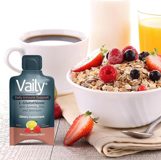 Vaily Immune Support Supplement for Adults - Liquid Glutathione Supplement 500 mg w/Acerola Vitamin C Zinc &amp Selenium - High Potency Antioxidant Skin Health Detox Every Day - 30 Single-dose Vial