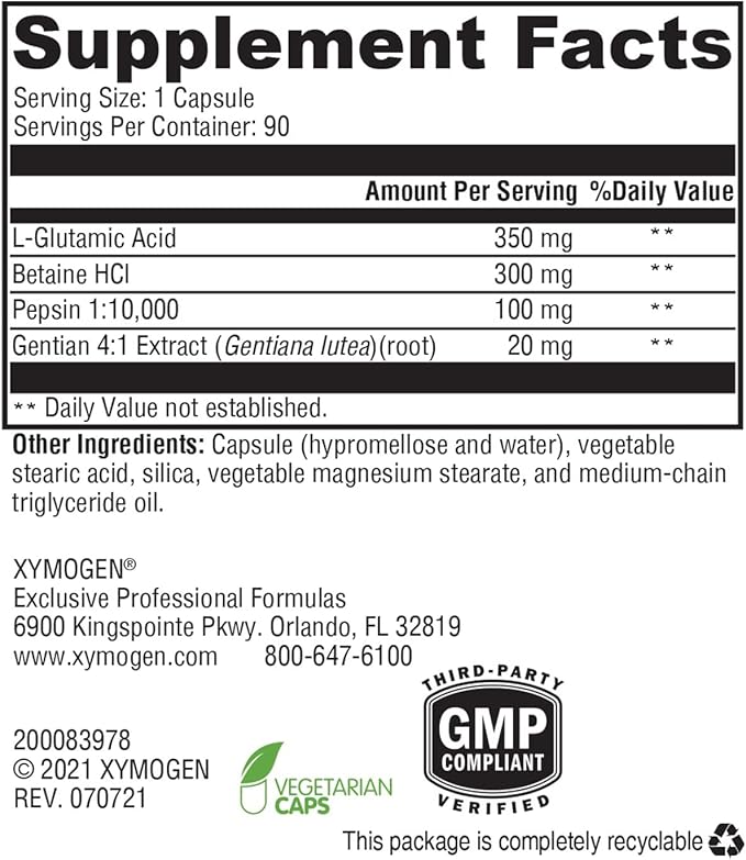 XYMOGEN GastrAcid - Supports Digestive Health - Acid Balance Formula With Betaine HCl &amp Gentian Root - Vegetarian Non-GMO &amp Gluten Free - 90 Capsules