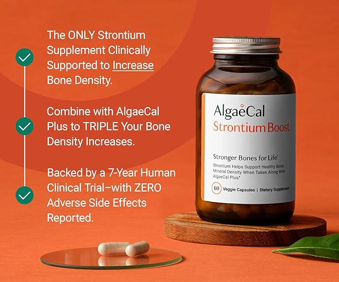 AlgaeCal - Strontium Boost Natural Strontium Supplement for Bone Density Increase Strontium Citrate 680 mg Easy to Swallow for Bone Health &amp Bone Strength Gluten-Free - Veggie Caps 3 Month Su
