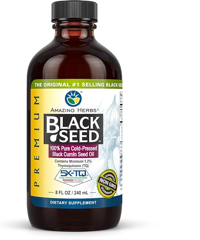 Amazing Herbs Premium Black Seed Oil - Gluten Free Non GMO Cold Pressed Nigella Sativa Aids in Digestive Health Immune Support Brain Function - 8 Fl Oz