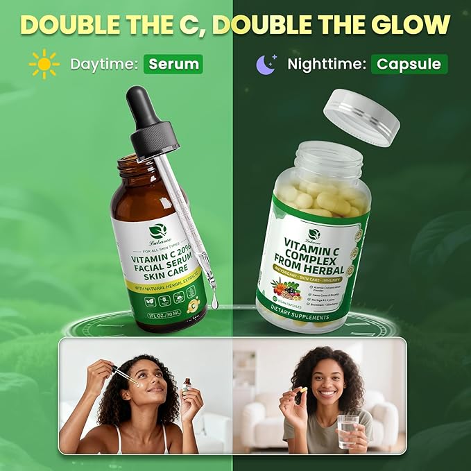 Vitamin C Serum for Face 20% Brightening Face Serum with Sodium Hyaluronate for Dark Spots &amp Fine Lines – Support Collagen &amp Skin Radiance Plus Vit C Caps for Inside-Out Support 1 Fl Oz + 6