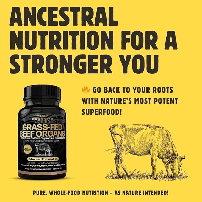 FREZZOR New Zealand 100% Live-Grass-Fed Beef Organs Complex Supports Whole Body Wellness and Energy with Proprietary Blend of Liver Heart Kidney Pancreas &amp Spleen Non-GMO 3000mg 540 Capsule