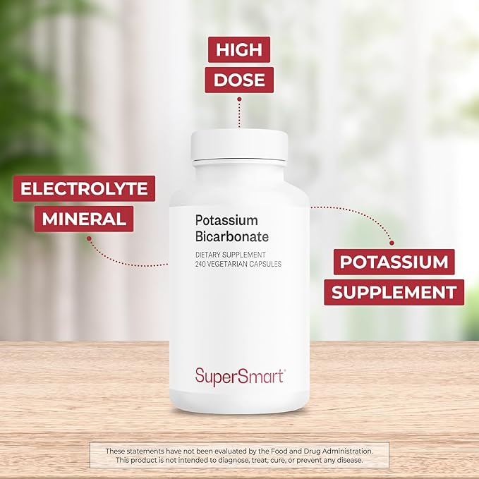 SuperSmart Potassium Bicarbonate (High Dose) - Electrolyte Mineral - pH Acid-Base Balance - Potassium Supplement | Non-GMO &amp Gluten Free - 240 Vegetarian Capsules