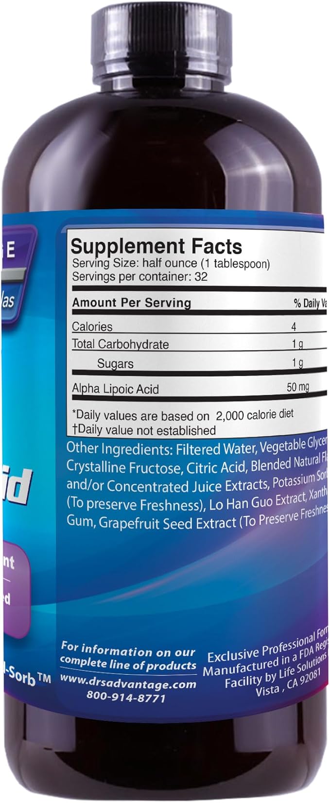 DRS Advantage Alpha Lipoic Acid - Liquid Dietary Supplement with 50mg ALA per Serving - Packed with Antioxidants - Pharmacist Formulated Rapid-Sorb Technology for Nutrient Absorption - 16 fl. oz.
