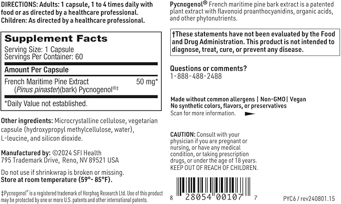 Klaire Labs SFI Health Pycnogenol 50 mg - Hypoallergenic Antioxidant Supplement with French Maritime Pine Bark Extract - Gluten-Free Soy-Free 50mg Pycnogenol Extract (60 Capsules)