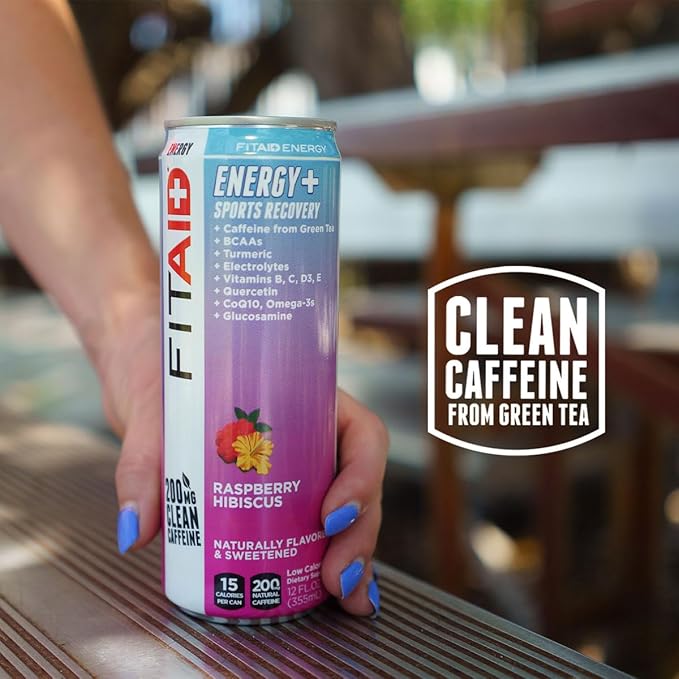 FITAID ENERGY 200mg Natural Caffeine Keto Raspberry Hibiscus Optimum Performance Formula: BCAAs Quercetin Electrolytes Omega-3s Paleo Vegan &amp GlutenFree 12 Fl Oz cans (Pack of 24)