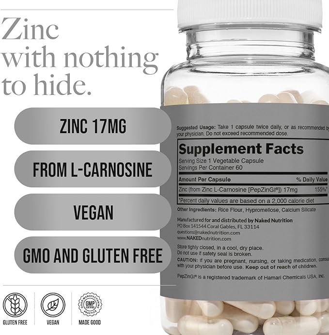 NAKED Zinc Carnosine 17mg (60 Capsules) + NAKED Pure Micronized Creatine Monohydrate 500g (100 Servings) – Vegan Non-GMO Gluten Free Soy Free