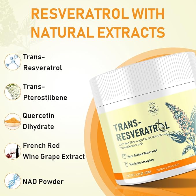 Trans-Resveratrol Powder Supplement with Red Wine Extract Quercetin Pterostilbene &amp NAD 4.23 OZ 30-Day Supply