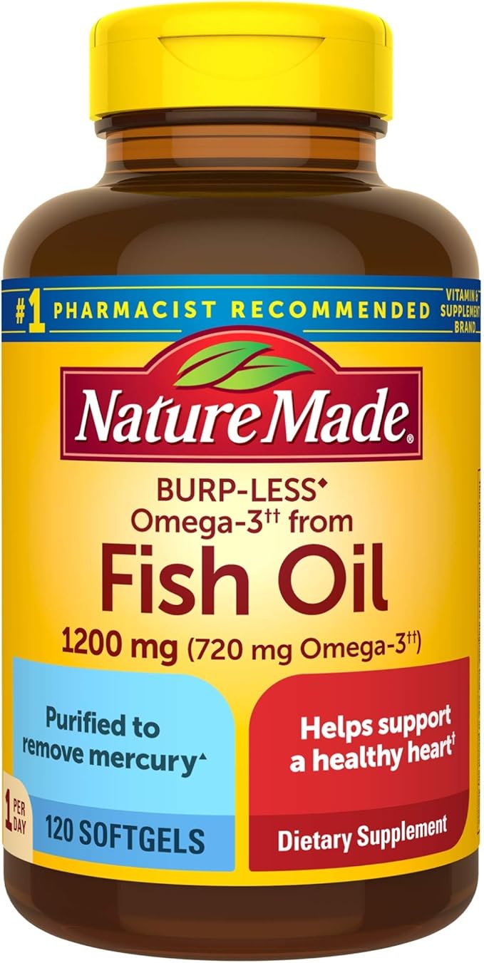 Nature Made Burp-Less Fish Oil 1200 mg One Per Day 120 Softgels Fish Oil Omega 3 Supplement For Heart Health
