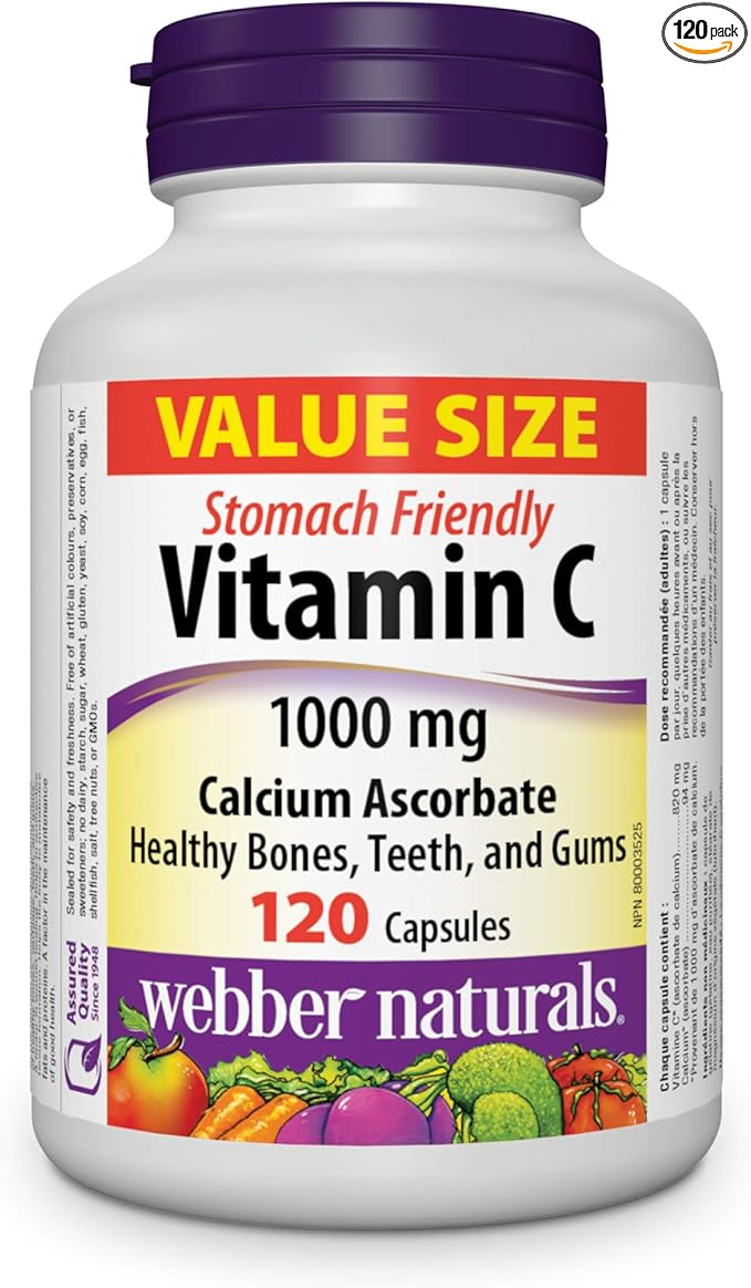 Webber Naturals Vitamin C Calcium Ascorbate 1000 mg · Stomach Friendly 120 Capsules