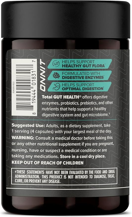 ONNIT Total Gut Health Daily Digestive Support IGEN Non-GMO Tested Digestion Supplement for Women and Men with 7 Strains of Probiotics Prebiotics Enzymes and Betaine HCL 120 Count