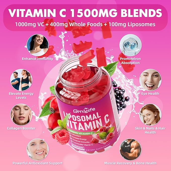 2 Pack Liposomal Vitamin C 1000mg Gummies for Adults Kids 1500mg Chewable Vitamin C w/Iron Zinc &amp Elderberry - Immune Support &amp Energy Collagen Booster Raspberry 120 Count