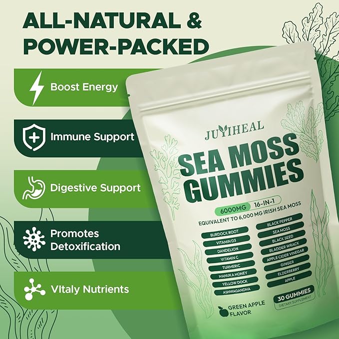 16 in 1 Sea Moss Gummies with Ashwagandha Black Seed Oil Bladder Wrack Turmeric Vitamin C &amp D3 with Manuka Burdock Root Irish Sea Moss Gummies for Women &amp Men Vegan Green Apple 2 Pack