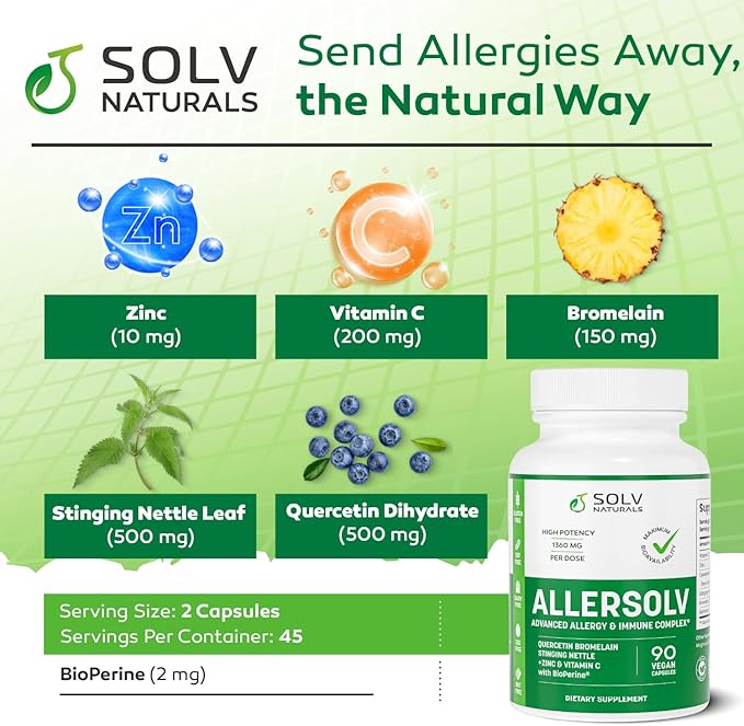 ALLERSOLV Quercetin with Bromelain Advanced Allergy and Immune Complex Non-GMO with Vitamin C and Zinc Stinging Nettle Leaf 500mg Natural Allergy Supplements 90 Veggie Capsules