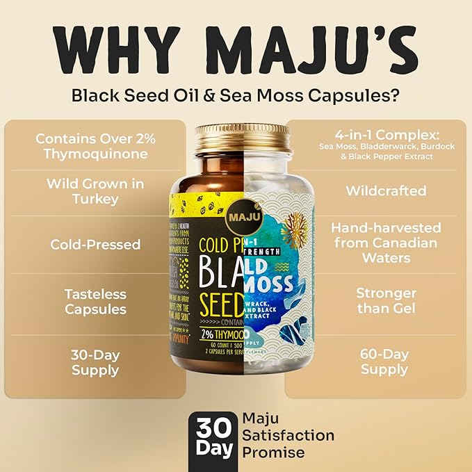 Maju Superfoods 4-in-1 Sea Moss Capsules and Black Seed Oil Capsules Bundle