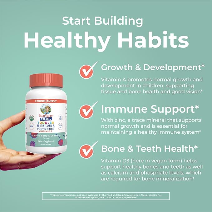 MARYRUTH'S Organics Toddler Multivitamin Gummies + Postbiotics | USDA Organic | Vitamins for Kids Ages 2+ | Immune Support | Vitamin C | Vitamin D3 | Vitamin A | Zinc | Vegan | Non-GMO | 60 Servings