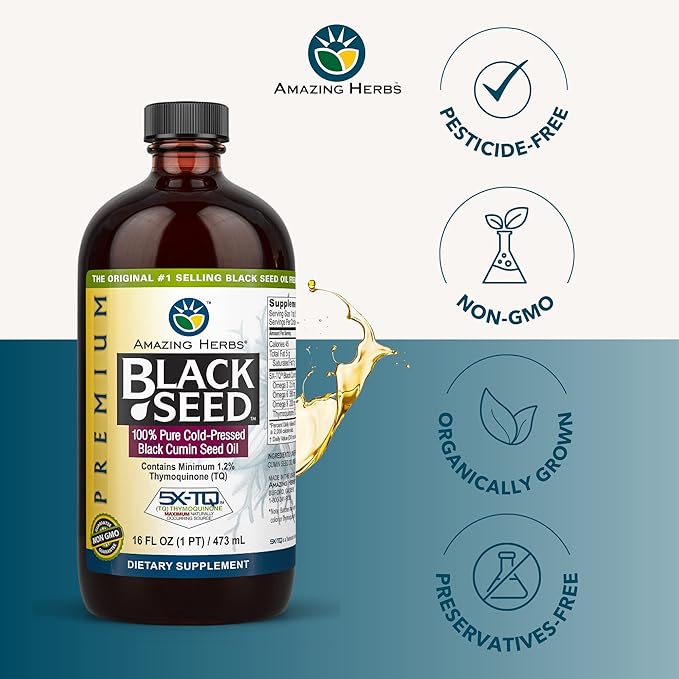 Amazing Herbs Premium Black Seed Oil - Gluten Free Non GMO Cold Pressed Nigella Sativa Aids in Digestive Health Immune Support Brain Function Joint Mobility - 16 Fl Oz (Pack of 2)