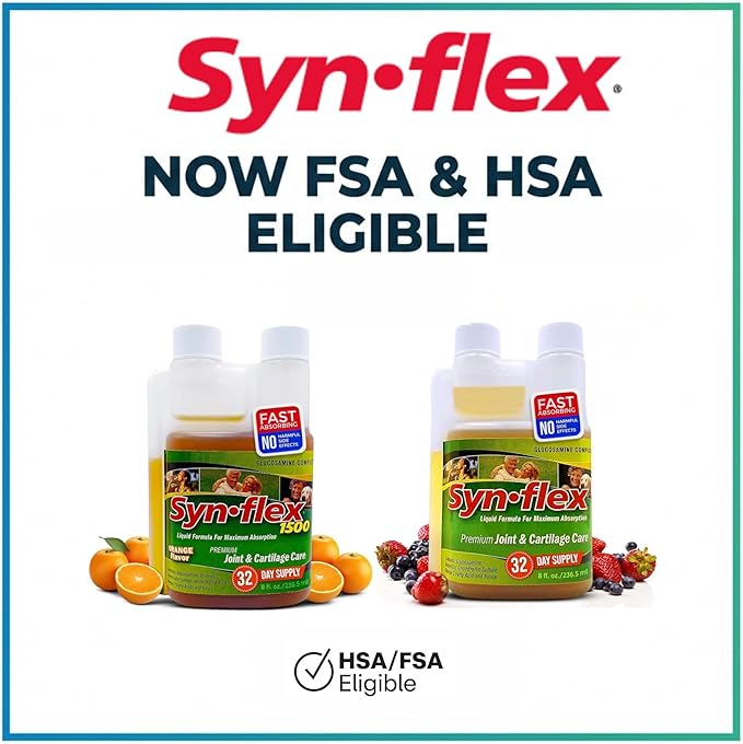 Synflex 1500mg Liquid Glucosamine &amp Chondroitin Supplement - HSA/FSA High Concentration and Fast-Absorbing Joint Support Formula with White Willow Bark Manganese and Boswellin 32-Day Supply