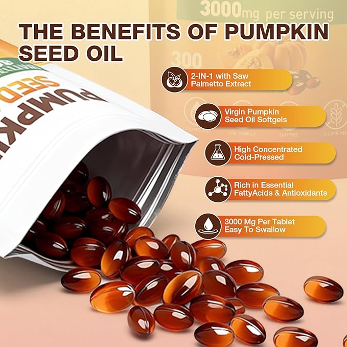 Pumpkin Seed Oil Capsules - Cold Pressed Pure Virgin Oil Essential Fatty Acids and Plant Sterols | 300 Capsules | Supports Hair Urinary Bladder and Prostate Health | Non-GMO