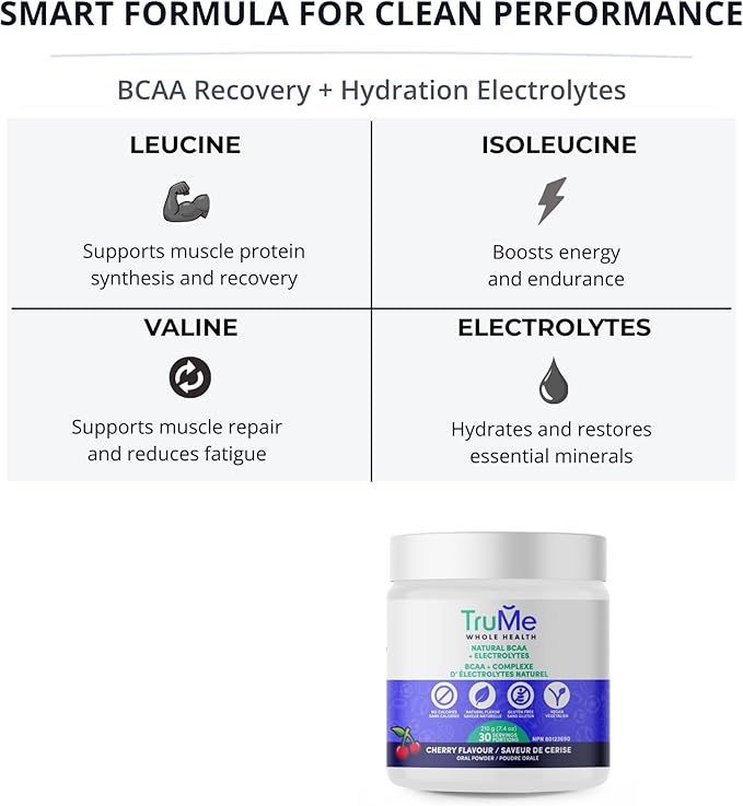 TruMe Whole Health Cherry BCAA Powder with Electrolytes Amino Acids for Muscle Recovery &amp Endurance Sugar Free Intra Workout Hydration Drink Informed-Sport Certified Made in Canada