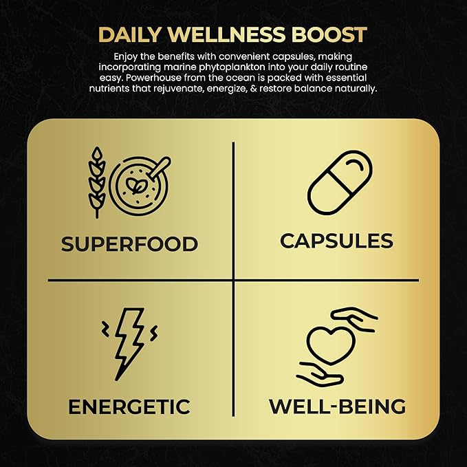 Marine Phytoplankton Capsules – 90 Vegan Capsules – Natural Energy Immune and Cognitive Support – Omega-3 Nannochloropsis gaditana Superfood Non-GMO Gluten Free