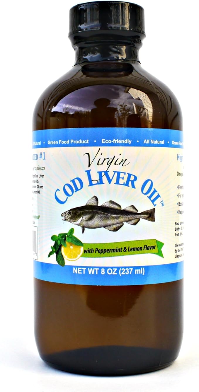 Virgin Cod Liver Oil - 8 Fl oz Natural Sustainably sourced Wild Caught &amp Fresh Tasting. High in Vitamin D Omega 3 DHA/EPA (Lemon and Peppermint Flavored)
