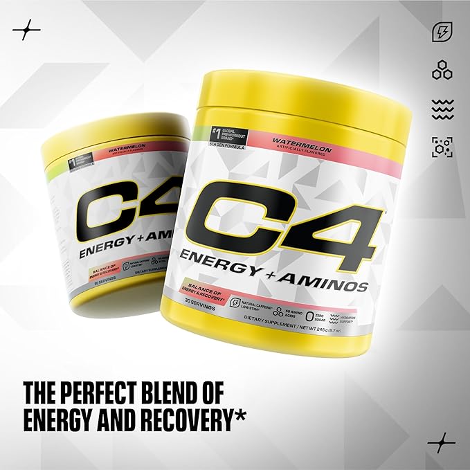 Cellucor C4 Energy + Aminos Powder 5g BCAAs &amp EAAs for Muscle Recovery 3 Electrolytes for Hydration 100mg Natural Caffeine Pre Workout Zero Sugar 30 Servings Watermelon