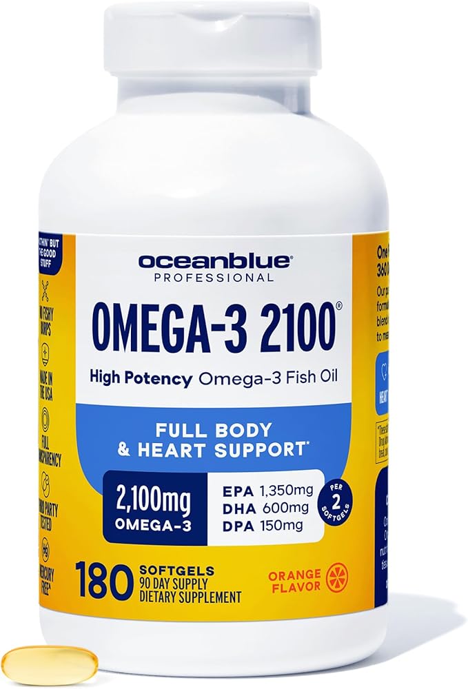 Oceanblue Professional Omega-3 2100 – 180 ct – Triple Strength Burpless Fish Oil Supplement with High-Potency EPA DHA DPA – Wild-Caught – Orange Flavor (90 Servings)