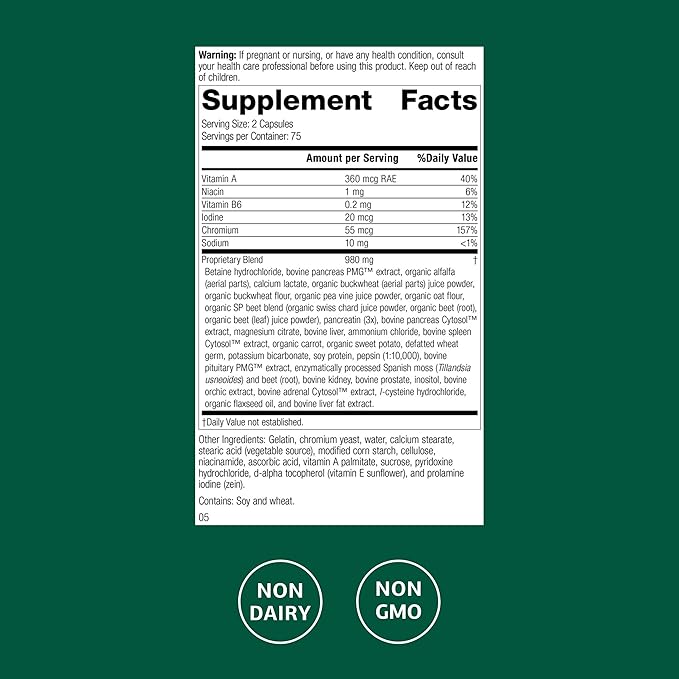 Standard Process Diaplex - Supplement for Pancreas &amp Gallbladder Support - Contains Chromium &amp Antioxidant Vitamin A - Non-Dairy - 150 Capsules (75 Servings)