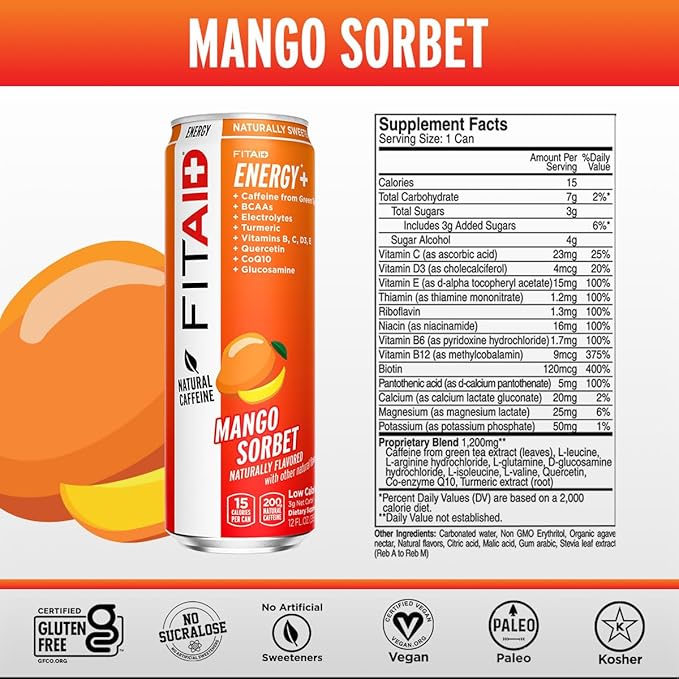 FITAID ENERGY 200mg Natural Caffeine Keto Mango Sorbet Optimum Performance Formula: BCAAs Quercetin Electrolytes Omega-3s 15 Calories Paleo Vegan &amp Gluten-Free 12-oz. Cans (Pack of 24)