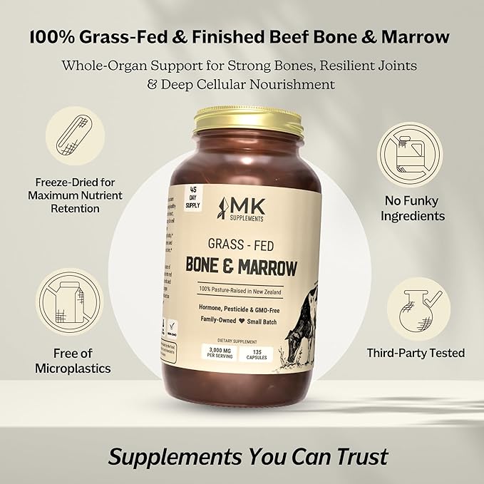 MK Supplements Grass-Fed Bone &amp Marrow Capsules | Collagen Types I &amp II + Bone Peptides + Marrow | Whole-Food Calcium Matrix | New Zealand Raised | 135 Capsules