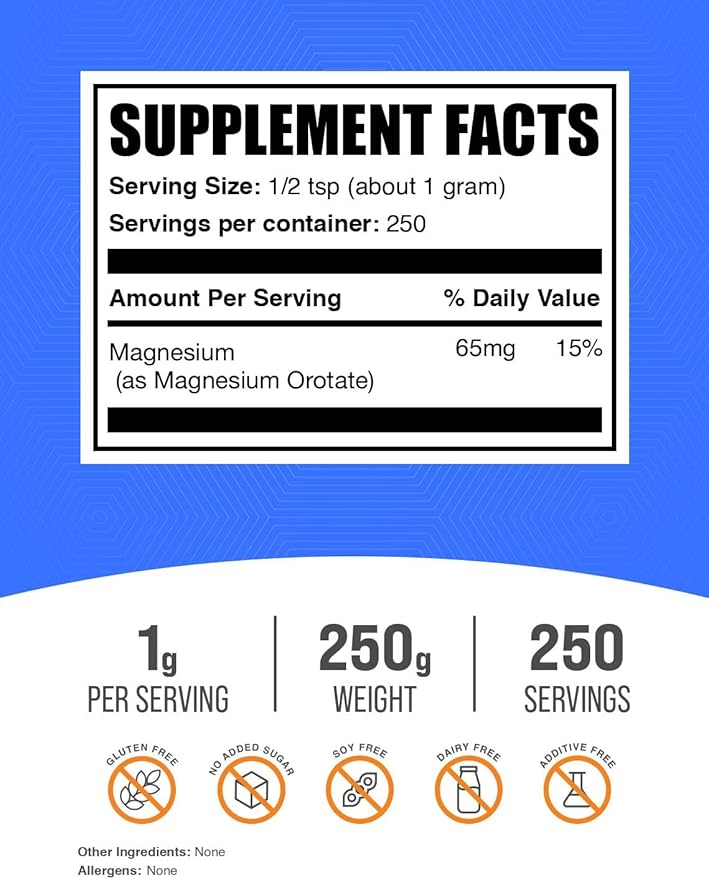 BulkSupplements.com Magnesium Orotate Powder - High Absorption Magnesium Supplement - Unflavored &amp Gluten Free 1g per Serving 250g (8.8 oz) (Pack of 1)