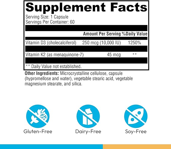 XYMOGEN K2-D3 10000 - Vitamin D3 K2 Supplement for Immune Bone &amp Cardiovascular Support* - Non-GMO Gluten-Free Vegetarian - 60 Capsules