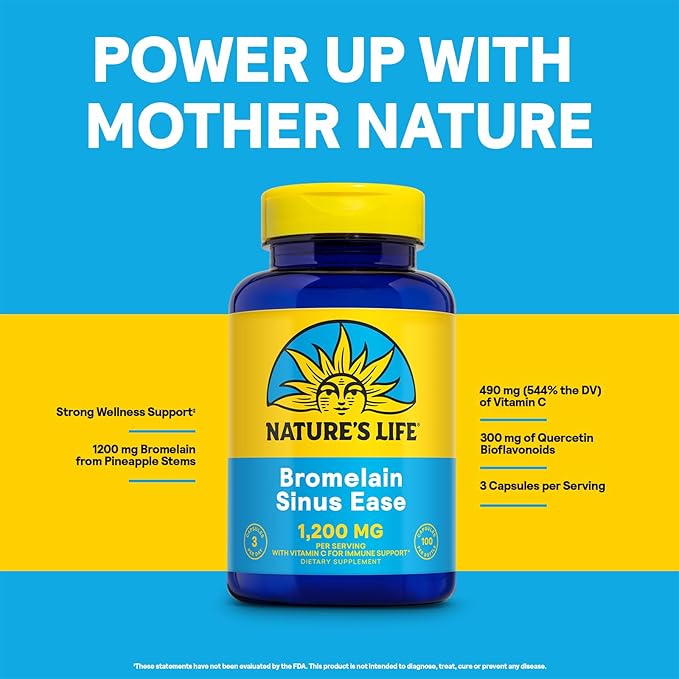 Nature's Life Bromelain Sinus Ease 1200mg - Immune Support Supplement w/Vitamin C Plus Quercetin - Immune Health Digestive Health and Joint Support Supplement - Vegan 60-Day Guarantee 33 Servings