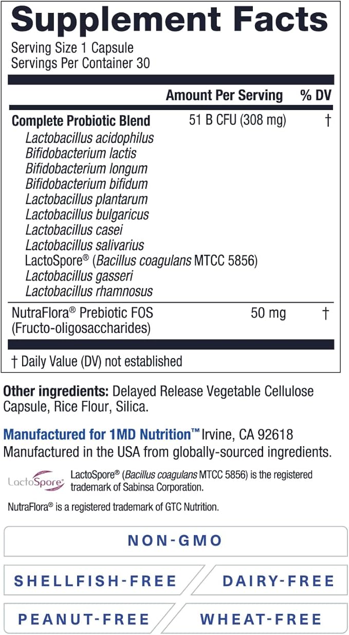 1MD Complete Probiotics Platinum | Supports Digestive Health | with Nourishing Prebiotics 51 Billion Live CFU 11 Strains Dairy-Free | 30 Vegetable Capsules (3-Pack)