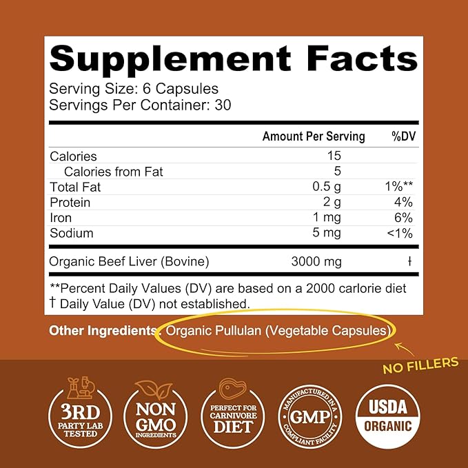 USDA Organic Beef Liver Capsules – Grass Fed &amp Pasture Raised in Australia – Nutrient Dense Superfood for Energy &amp Wellness – No Fillers Freeze-Dried Liver Supplement – 180 Capsules