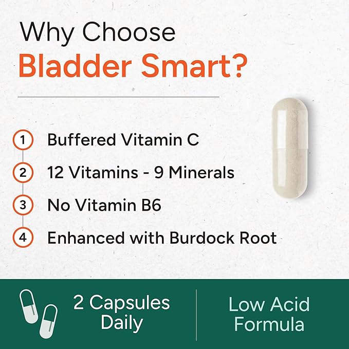 Low-Acid Multivitamin for Sensitive Bladders | 12 Vitamins &amp 9 Minerals | Buffered Vitamin C &amp Burdock Root | USA Manufactured | 60 Capsules