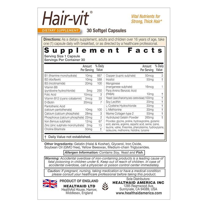 HealthAid Hair-VIT 30 Capsules Once Daily Vital Nutrients for Strong Thick &amp Shiny Hair Rich in B- Vitamins &amp Essential Amino Acids