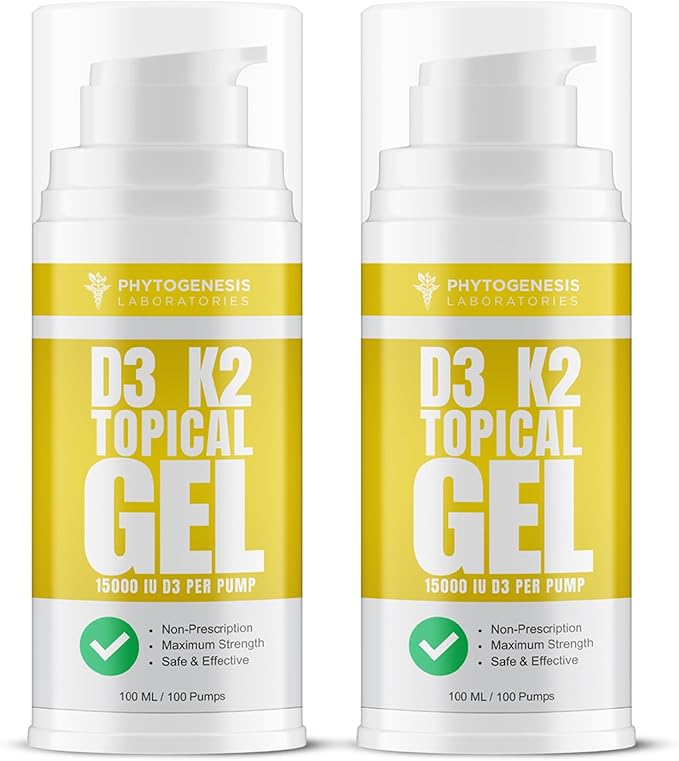 Vitamin D3 K2 Maximum Strength Topical Gel - 15000+ IU Per Pump - The Sunshine Vitamin - Supports Bone &amp Joint Health Immune Support - One Month Supply