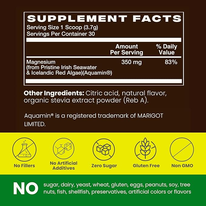 Whole Food Magnesium Powder (30 Servings) | from Ocean Sea Water &amp Icelandic Red Algae | Helps Sleep Brain Function &amp Heart Health | Lemon Flavor