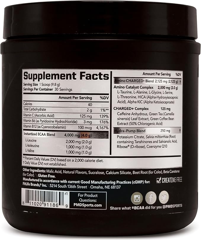 PMD Sports BCAA Charged Delicious Amino Acid Drink Mix for Performance and Recovery - Increase Muscle Function for Workout and Daily Energy - Sour Peach Ring (30 Servings)