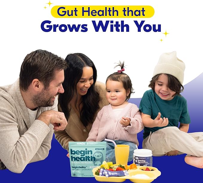 Begin Health Growing Up Prebiotics for Kids | Daily Prebiotic Fiber Supplement with 2'-FL HMO | Supports Regularity &amp Gut Health | Unflavored Powder | Ages 1+ | 56 Servings