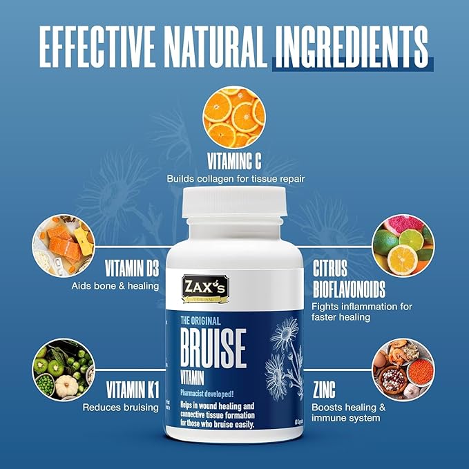 ZAX'S ORIGINAL Bruise Vitamin 2-Pack – Pharmacist-Developed Bruising Supplements Potent Swelling &amp Bruise Reducer with Zinc Vitamins K D3 C Citrus Bioflavonoids 120 Caps Pair with Arnica Cr