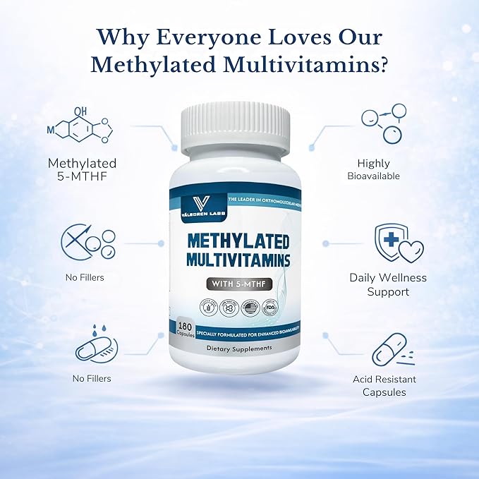 Methylated Multivitamin – Active Folate (5-MTHF) with Methyl B12 B2 B6 &amp B Vitamins – Supports Methylation &amp Healthy Homocysteine Levels – Bioavailable Formula for Men &amp Women – 180 Day